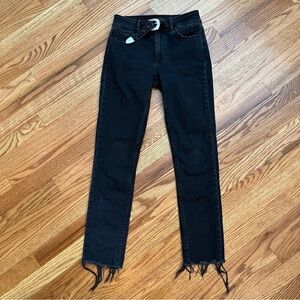 PAIGE Hoxton Ankle Peg Silver Buckle Black Raw Hem Jeans size 26